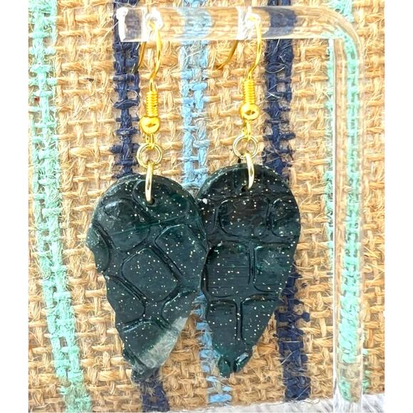 Artisan Dark Green Reptile Textured Wings Clay Charm Dangle Earrings 2.25" Drop - Picture 1 of 2